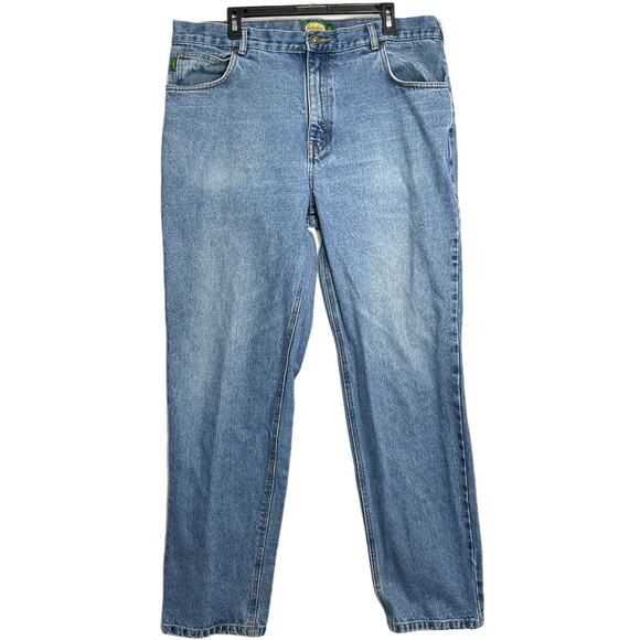 Cabelas Jeans 40x34 (39x33) Blue Denim 100% Cotton Mid Rise STAIN DISTRESS HEM - Picture 1 of 6